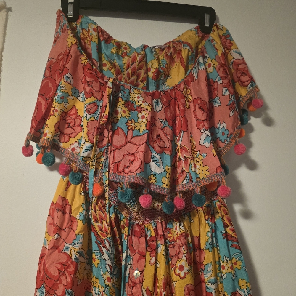 Calypso St. Barth Pink and Blue Ruffled Off-Shoulder Sundress